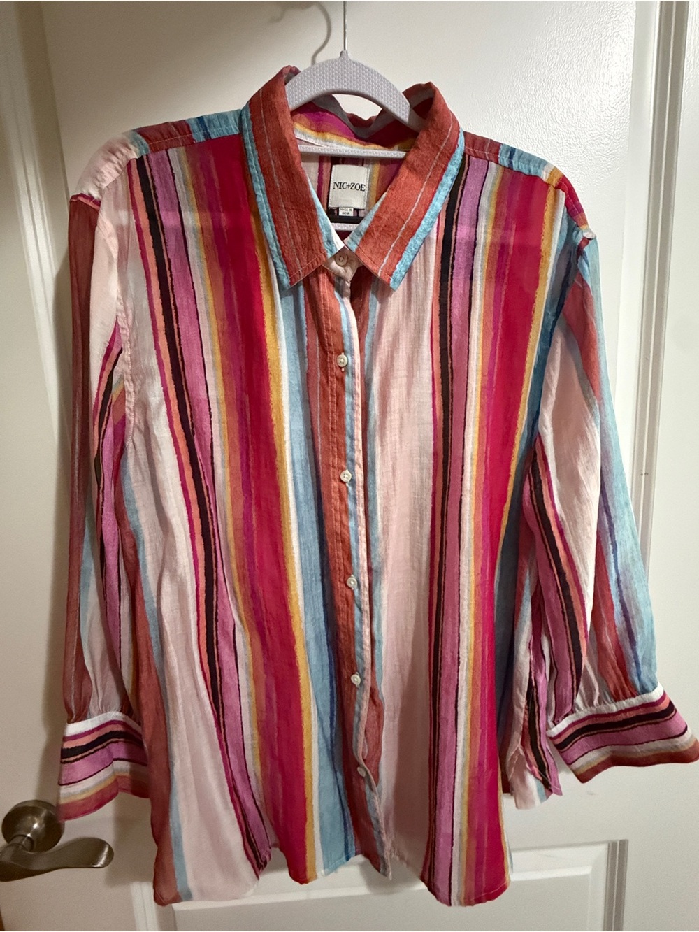 NIC+ZOE Striped Collared Shirt in Coral, Turquoise and Pink